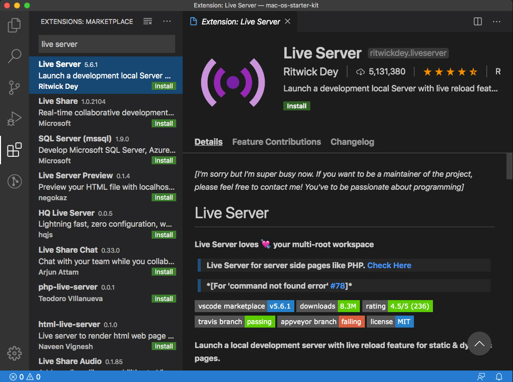 Screenshot Live Server Extension Visual Studio Code