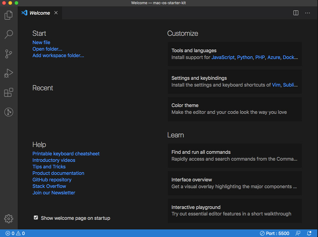 Screenshot Visual Studio Code Welcome Screen